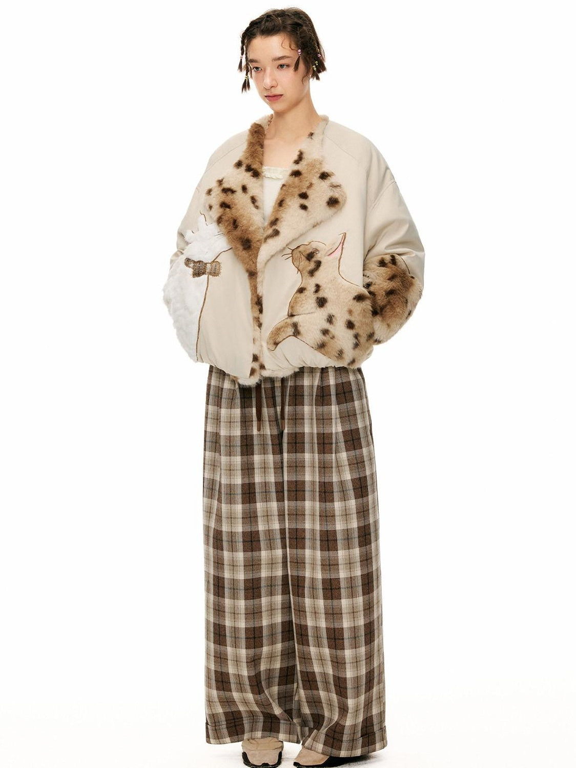 OuttheBlue Comfy Relaxed Cuffed Brown Plaid Natural Waist Ladies Poly Cotton Wide Leg Pants