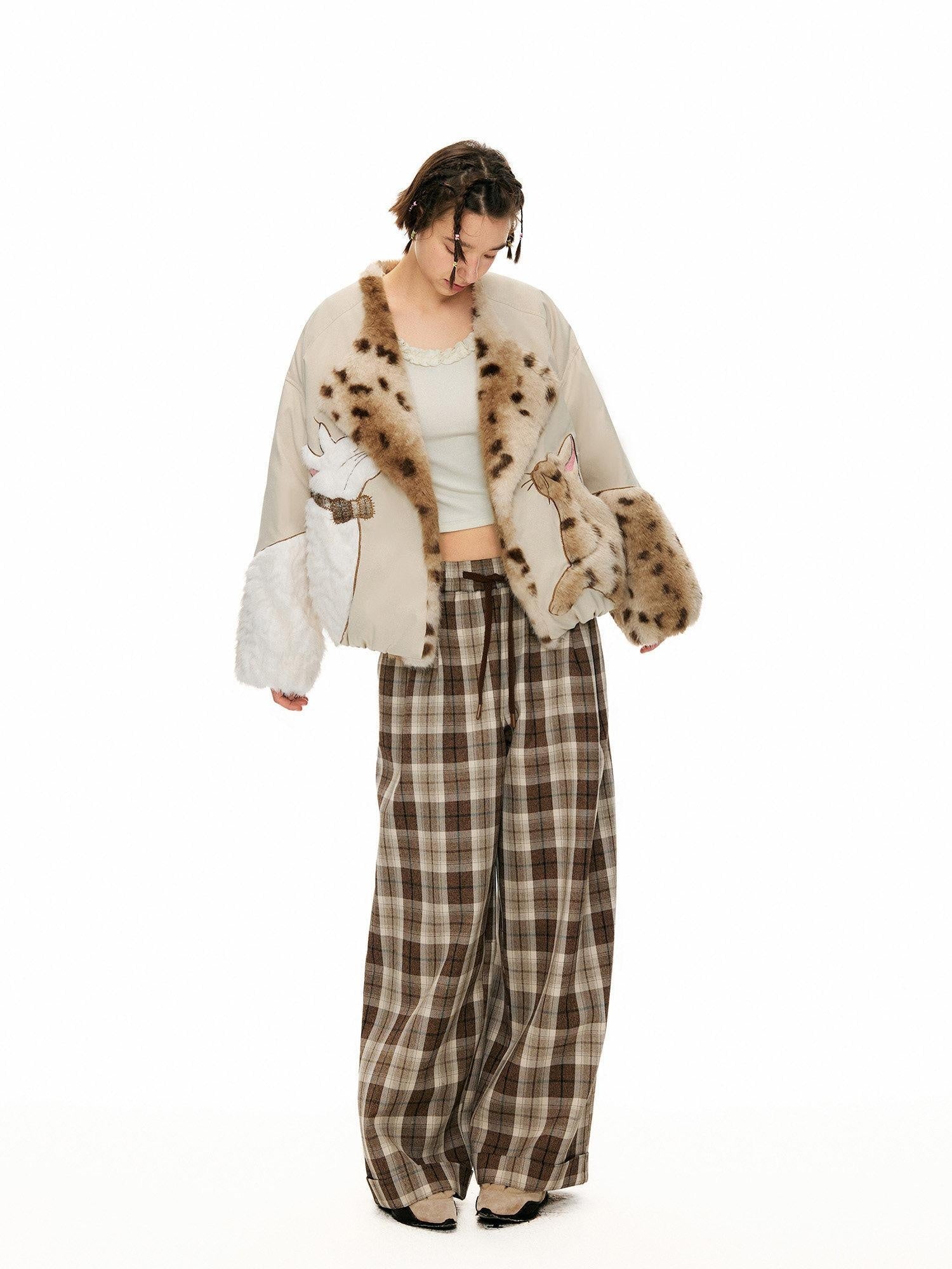 OuttheBlue Comfy Relaxed Cuffed Brown Plaid Natural Waist Ladies Poly Cotton Wide Leg Pants