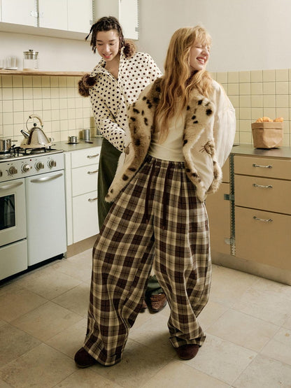 OuttheBlue Comfy Relaxed Cuffed Brown Plaid Natural Waist Ladies Poly Cotton Wide Leg Pants