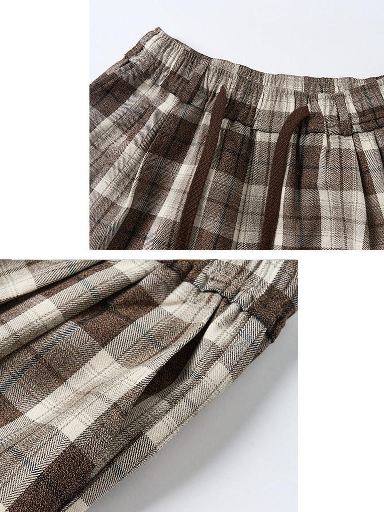 OuttheBlue Comfy Relaxed Cuffed Brown Plaid Natural Waist Ladies Poly Cotton Wide Leg Pants