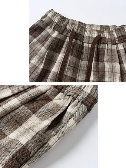 OuttheBlue Comfy Relaxed Cuffed Brown Plaid Natural Waist Ladies Poly Cotton Wide Leg Pants