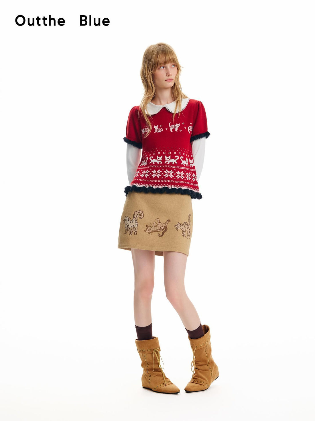 OuttheBlue Contrast Embroidered Cat Doll Collar Lace Long Sleeve Women&