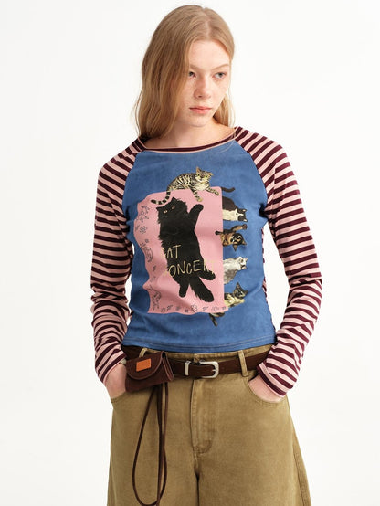 OuttheBlue Contrast Lace Cat Print Slim Fit Women&