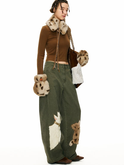 OuttheBlue Cotton Animal Print Applique Casual Curved Leg Natural Waist Green Women Pants