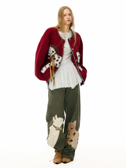 OuttheBlue Cotton Animal Print Applique Casual Curved Leg Natural Waist Green Women Pants