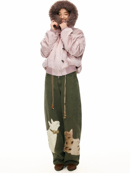 OuttheBlue Cotton Animal Print Applique Casual Curved Leg Natural Waist Green Women Pants