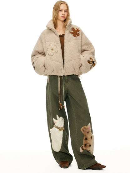 OuttheBlue Cotton Animal Print Applique Casual Curved Leg Natural Waist Green Women Pants