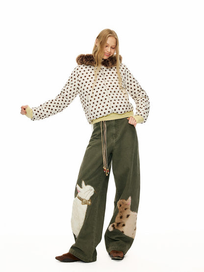 OuttheBlue Cotton Animal Print Applique Casual Curved Leg Natural Waist Green Women Pants