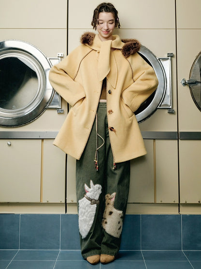 OuttheBlue Cotton Animal Print Applique Casual Curved Leg Natural Waist Green Women Pants