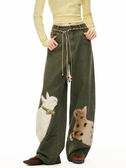 OuttheBlue Cotton Animal Print Applique Casual Curved Leg Natural Waist Green Women Pants