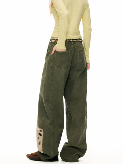 OuttheBlue Cotton Animal Print Applique Casual Curved Leg Natural Waist Green Women Pants