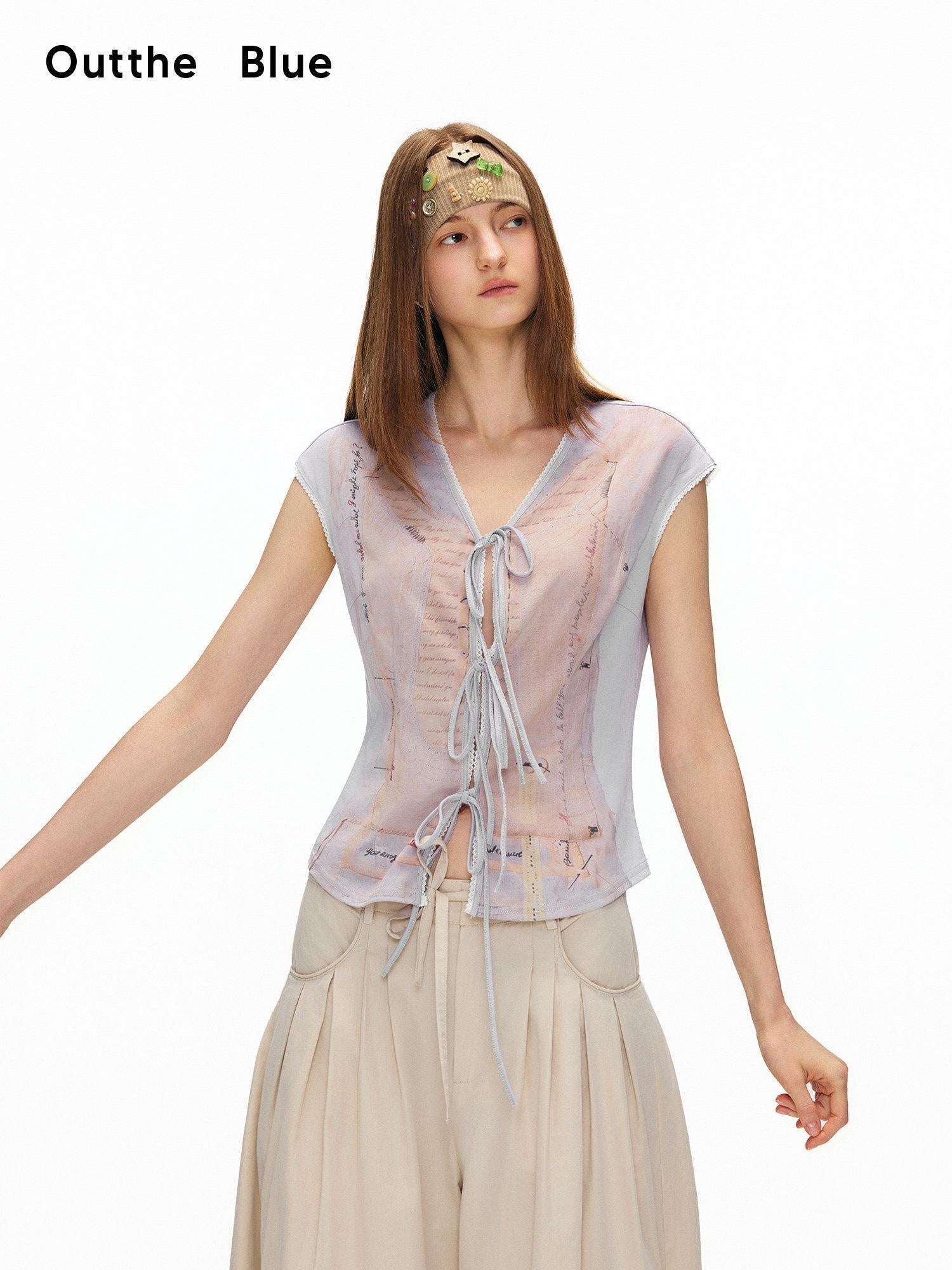 OuttheBlue Cotton Blend Slim Tie V-neck Cropped Printed Purple Short Sleeve T-Shirts