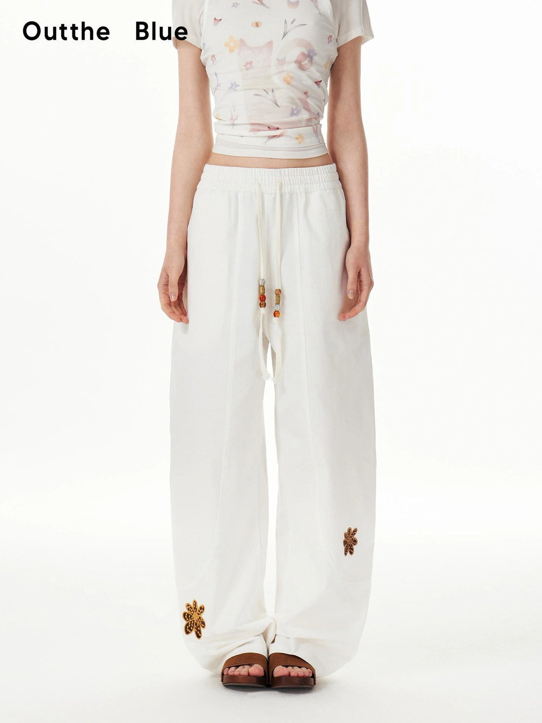 OuttheBlue Cotton Drawstring White Beaded Palazzo Trousers