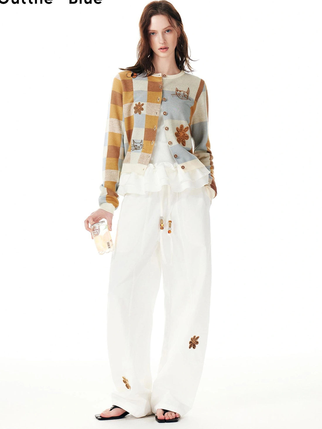 OuttheBlue Cotton Drawstring White Beaded Palazzo Trousers