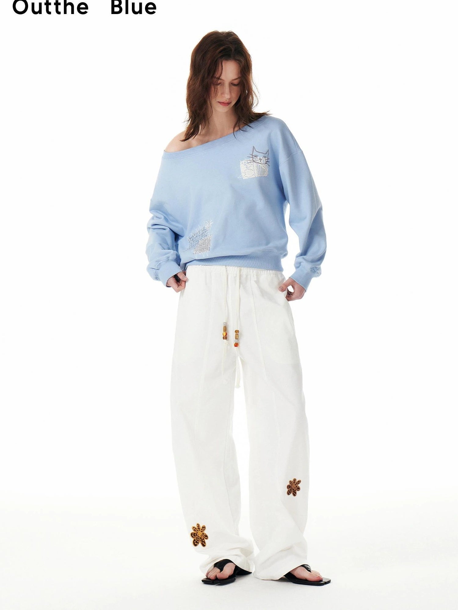 OuttheBlue Cotton Drawstring White Beaded Palazzo Trousers