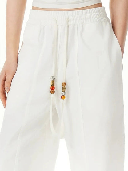 OuttheBlue Cotton Drawstring White Beaded Palazzo Trousers