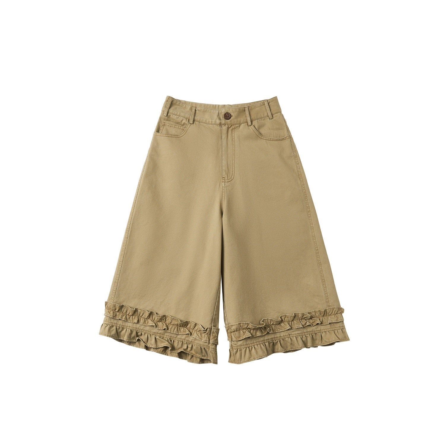 OuttheBlue Cotton Lace Trim Loose Natural Waist Zip Fly Women Washed Khaki Straight Pants