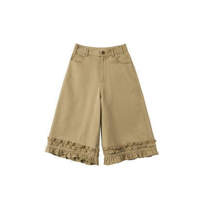 OuttheBlue Cotton Lace Trim Loose Natural Waist Zip Fly Women Washed Khaki Straight Pants