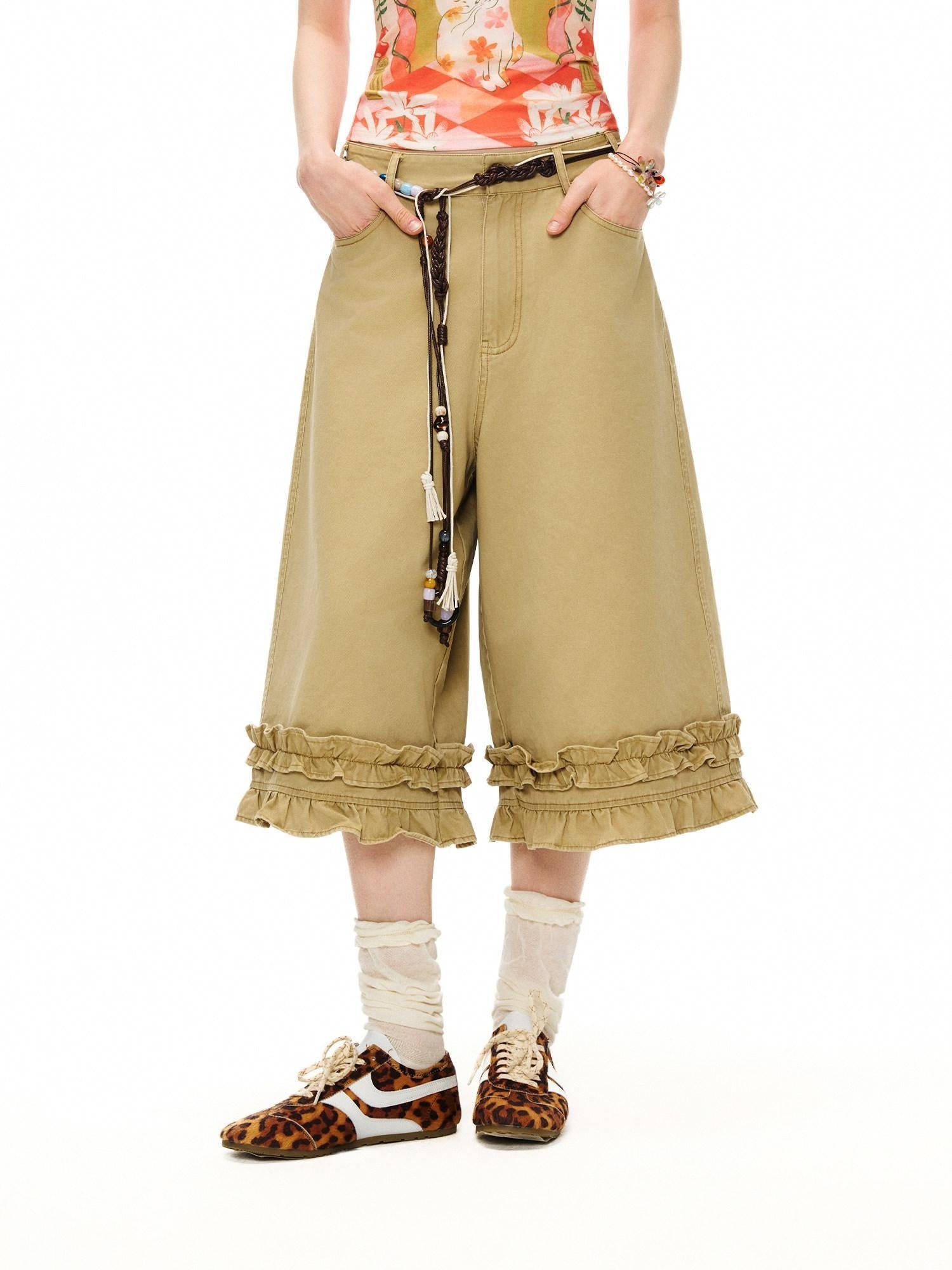 OuttheBlue Cotton Lace Trim Loose Natural Waist Zip Fly Women Washed Khaki Straight Pants
