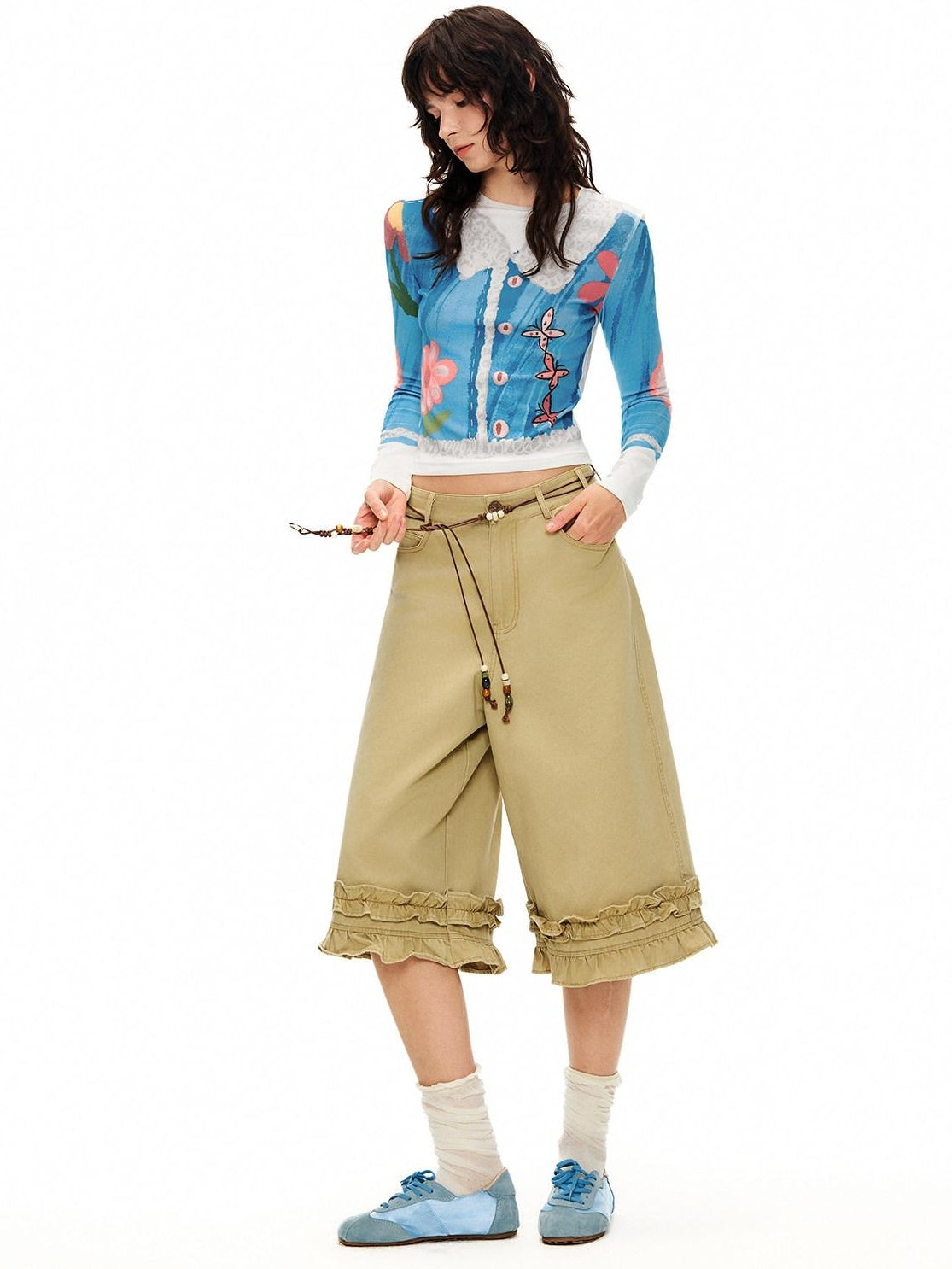 OuttheBlue Cotton Lace Trim Loose Natural Waist Zip Fly Women Washed Khaki Straight Pants