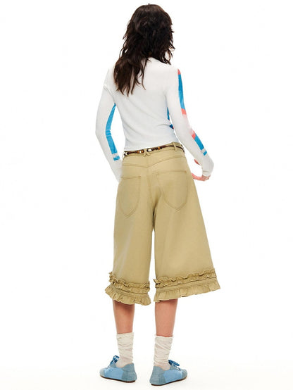 OuttheBlue Cotton Lace Trim Loose Natural Waist Zip Fly Women Washed Khaki Straight Pants