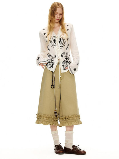 OuttheBlue Cotton Lace Trim Loose Natural Waist Zip Fly Women Washed Khaki Straight Pants
