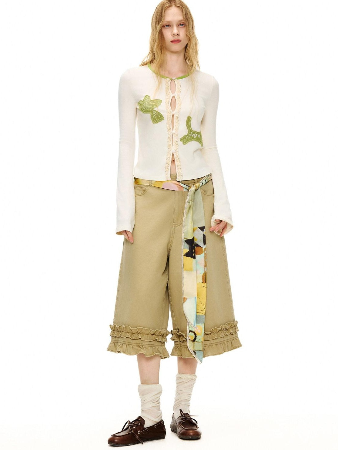 OuttheBlue Cotton Lace Trim Loose Natural Waist Zip Fly Women Washed Khaki Straight Pants