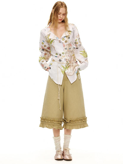 OuttheBlue Cotton Lace Trim Loose Natural Waist Zip Fly Women Washed Khaki Straight Pants