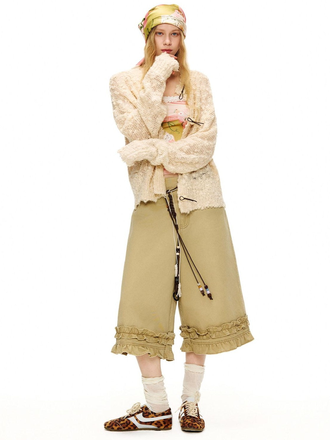 OuttheBlue Cotton Lace Trim Loose Natural Waist Zip Fly Women Washed Khaki Straight Pants