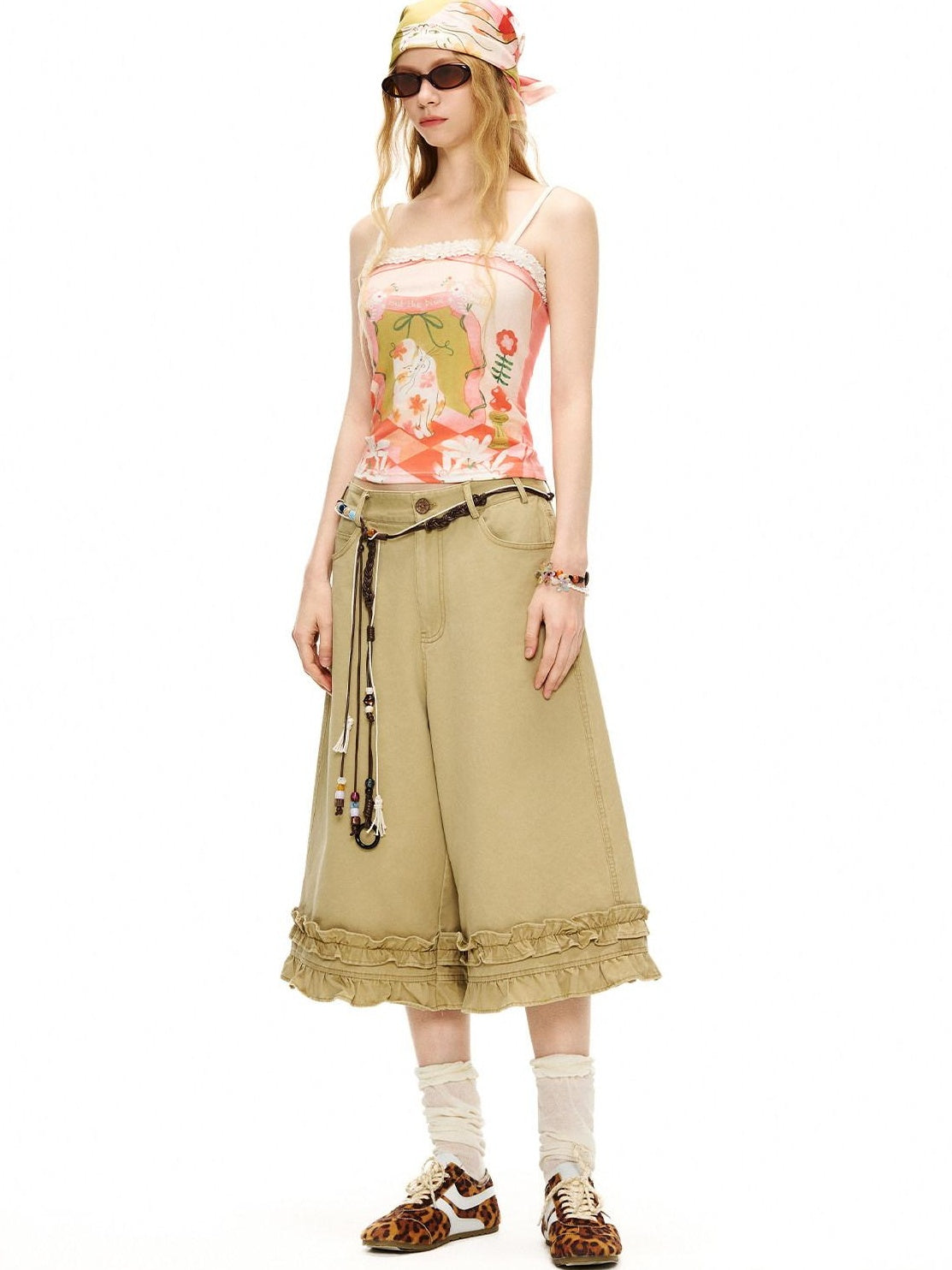 OuttheBlue Cotton Lace Trim Loose Natural Waist Zip Fly Women Washed Khaki Straight Pants