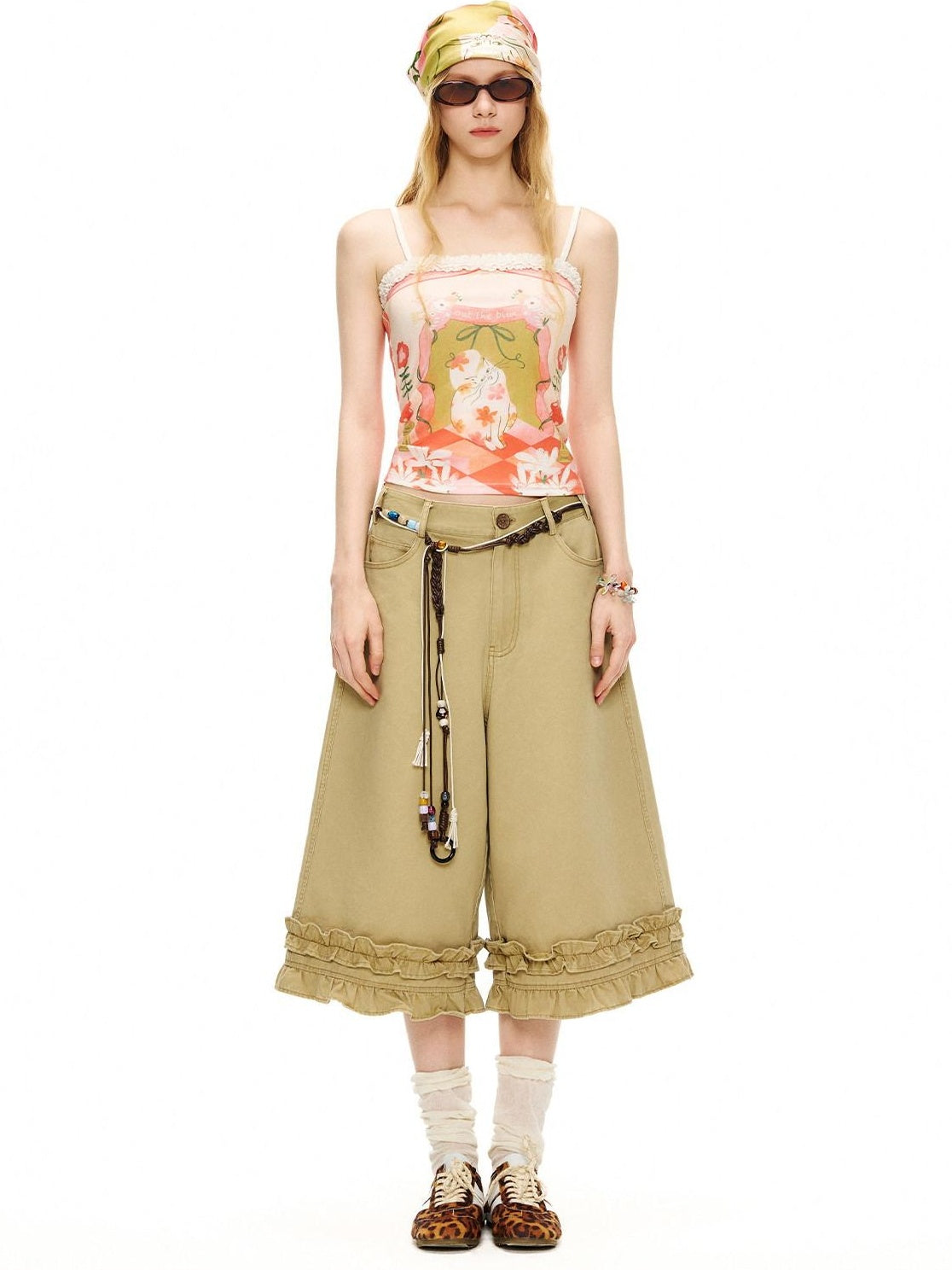 OuttheBlue Cotton Lace Trim Loose Natural Waist Zip Fly Women Washed Khaki Straight Pants