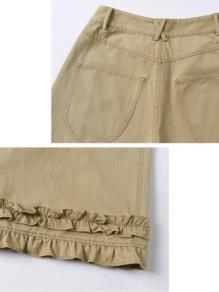 OuttheBlue Cotton Lace Trim Loose Natural Waist Zip Fly Women Washed Khaki Straight Pants