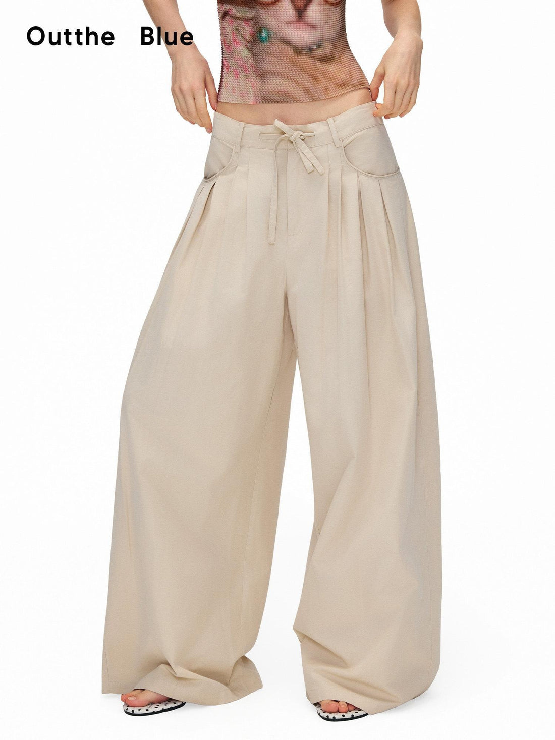 OuttheBlue Cotton Lyocell Blend High Waist Casual Women Light Khaki Wide-Leg Pants