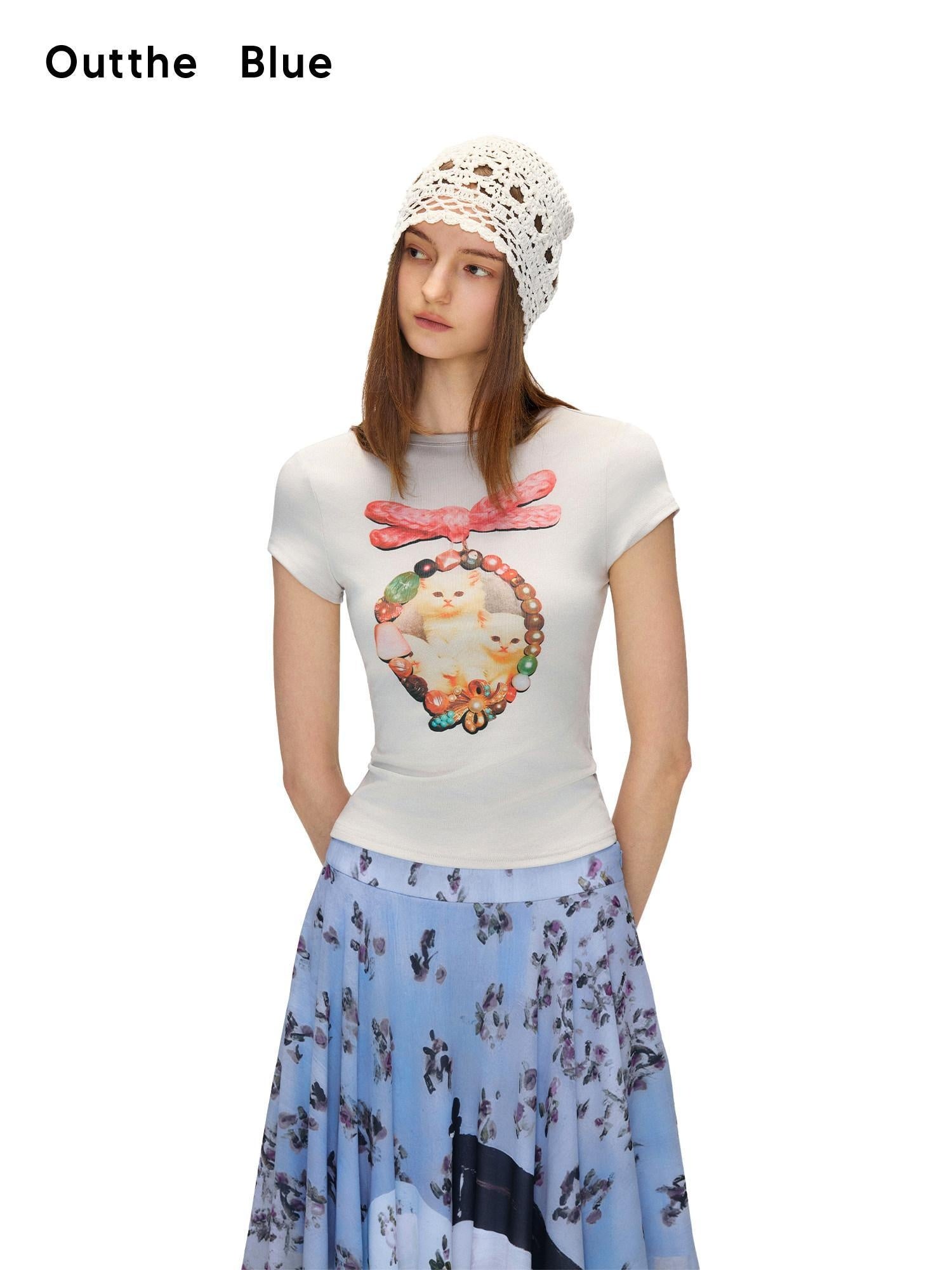 OuttheBlue Cotton Vintage Slim Fit Animal Print Round Neck Women Gray Short Sleeve T-Shirts