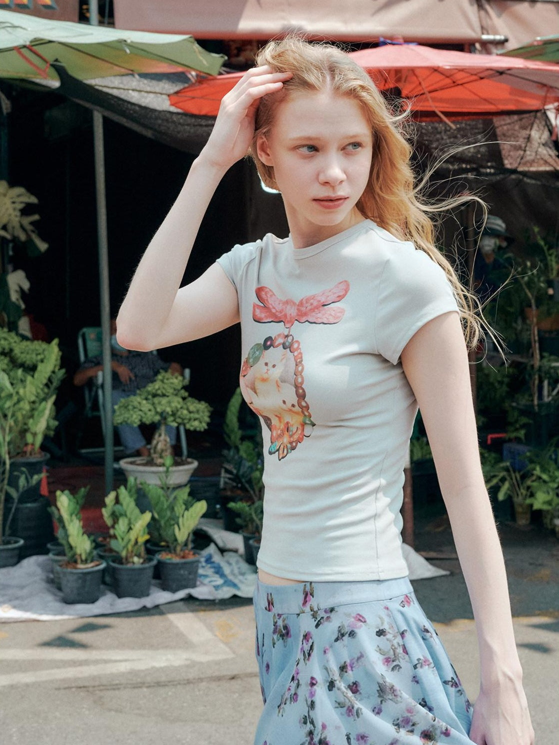 OuttheBlue Cotton Vintage Slim Fit Animal Print Round Neck Women Gray Short Sleeve T-Shirts