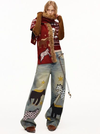 OuttheBlue Cozy Acrylic Wool Blend Korean Rectangular Unisex Animal Print Scarf