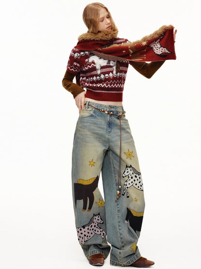 OuttheBlue Cozy Acrylic Wool Blend Korean Rectangular Unisex Animal Print Scarf