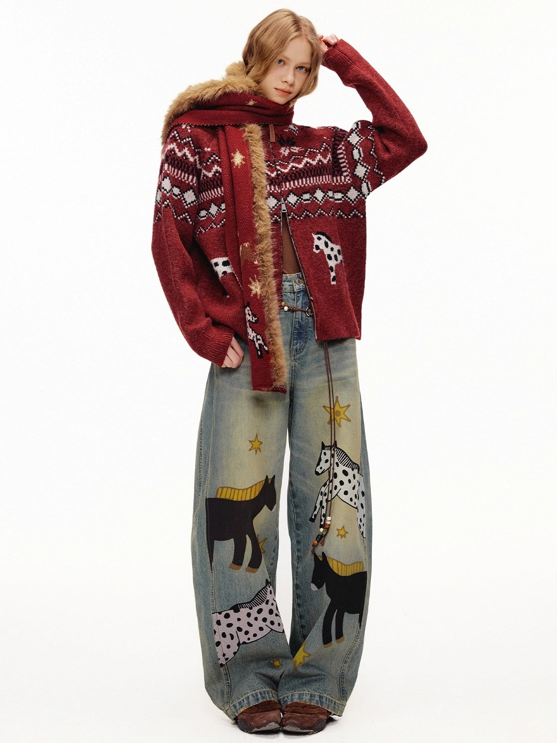 OuttheBlue Cozy Acrylic Wool Blend Korean Rectangular Unisex Animal Print Scarf