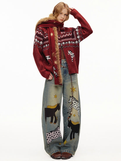 OuttheBlue Cozy Acrylic Wool Blend Korean Rectangular Unisex Animal Print Scarf