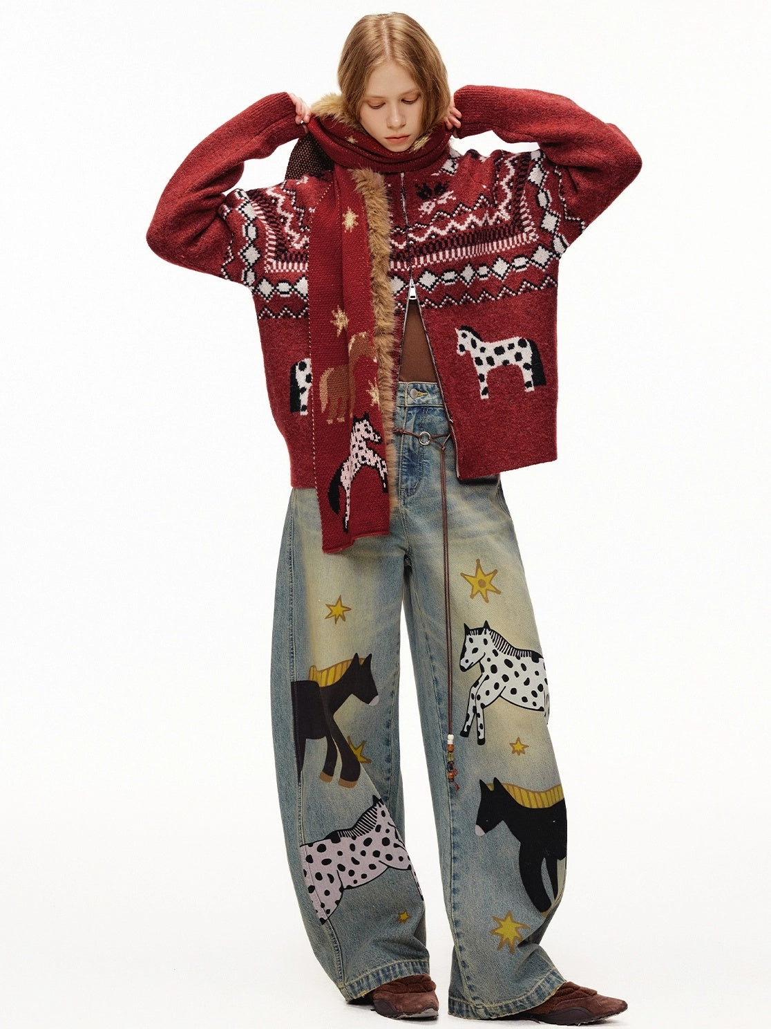 OuttheBlue Cozy Acrylic Wool Blend Korean Rectangular Unisex Animal Print Scarf