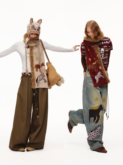 OuttheBlue Cozy Acrylic Wool Blend Korean Rectangular Unisex Animal Print Scarf