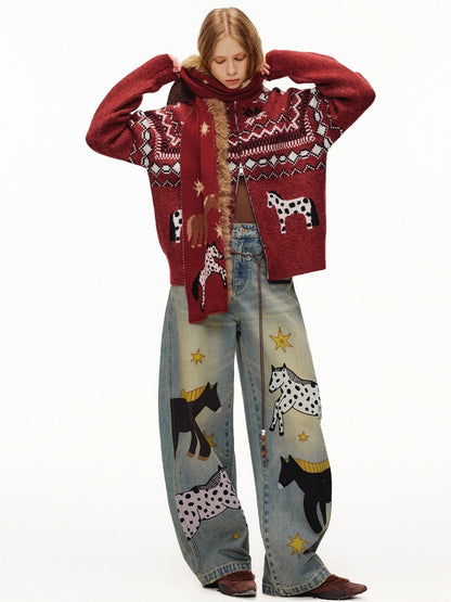 OuttheBlue Cozy Acrylic Wool Blend Korean Rectangular Unisex Animal Print Scarf