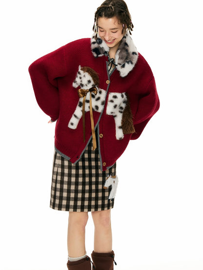 OuttheBlue Cozy Acrylic Wool Blend Office Cardigan Women Anime Print Burgundy Sweater
