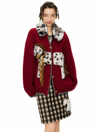 OuttheBlue Cozy Acrylic Wool Blend Office Cardigan Women Anime Print Burgundy Sweater