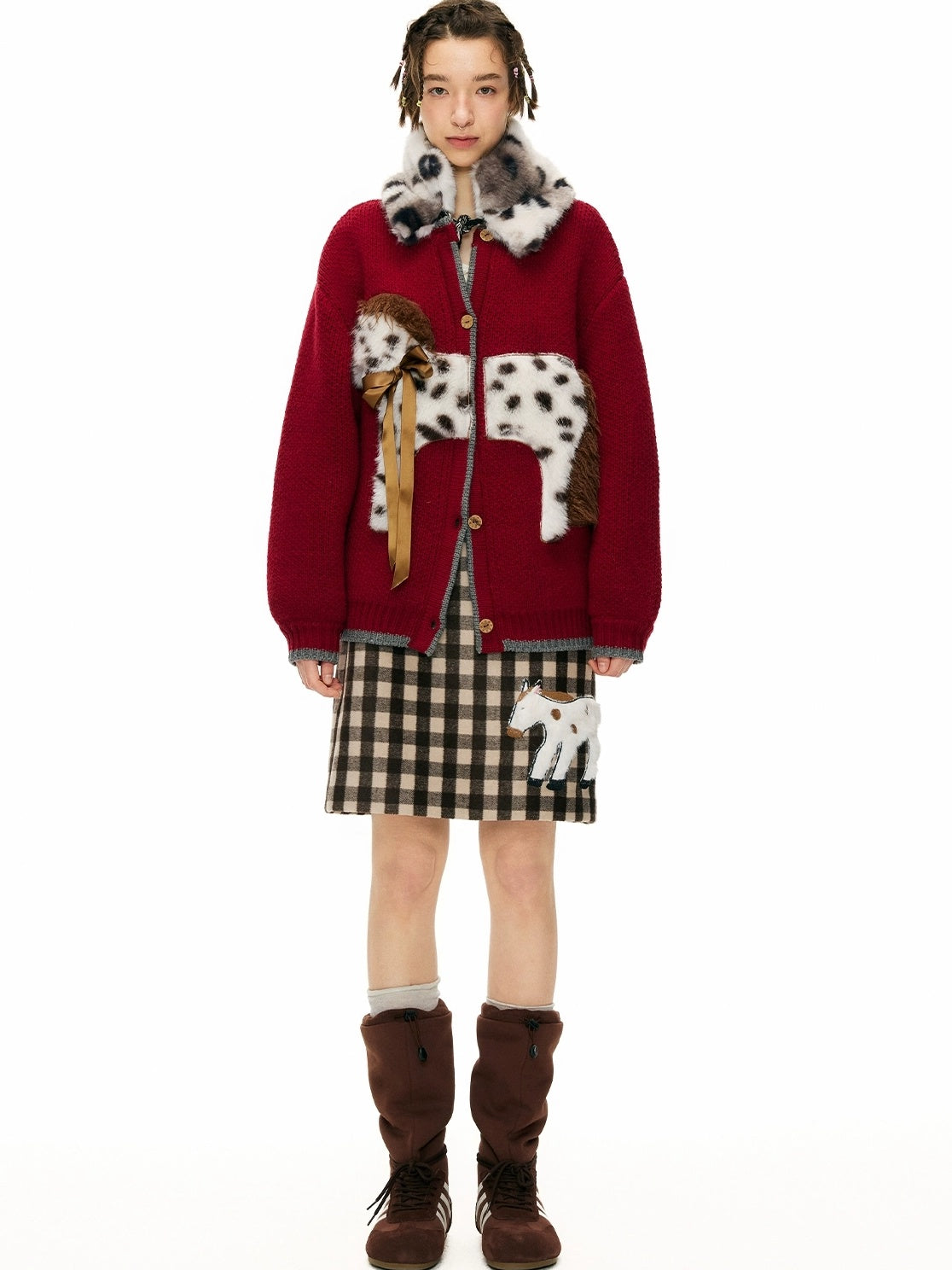 OuttheBlue Cozy Acrylic Wool Blend Office Cardigan Women Anime Print Burgundy Sweater