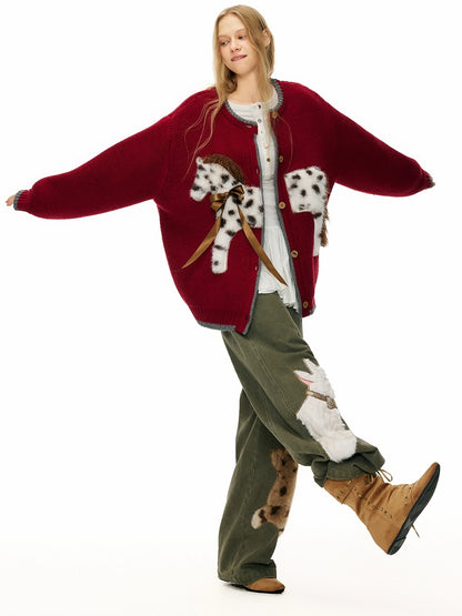 OuttheBlue Cozy Acrylic Wool Blend Office Cardigan Women Anime Print Burgundy Sweater