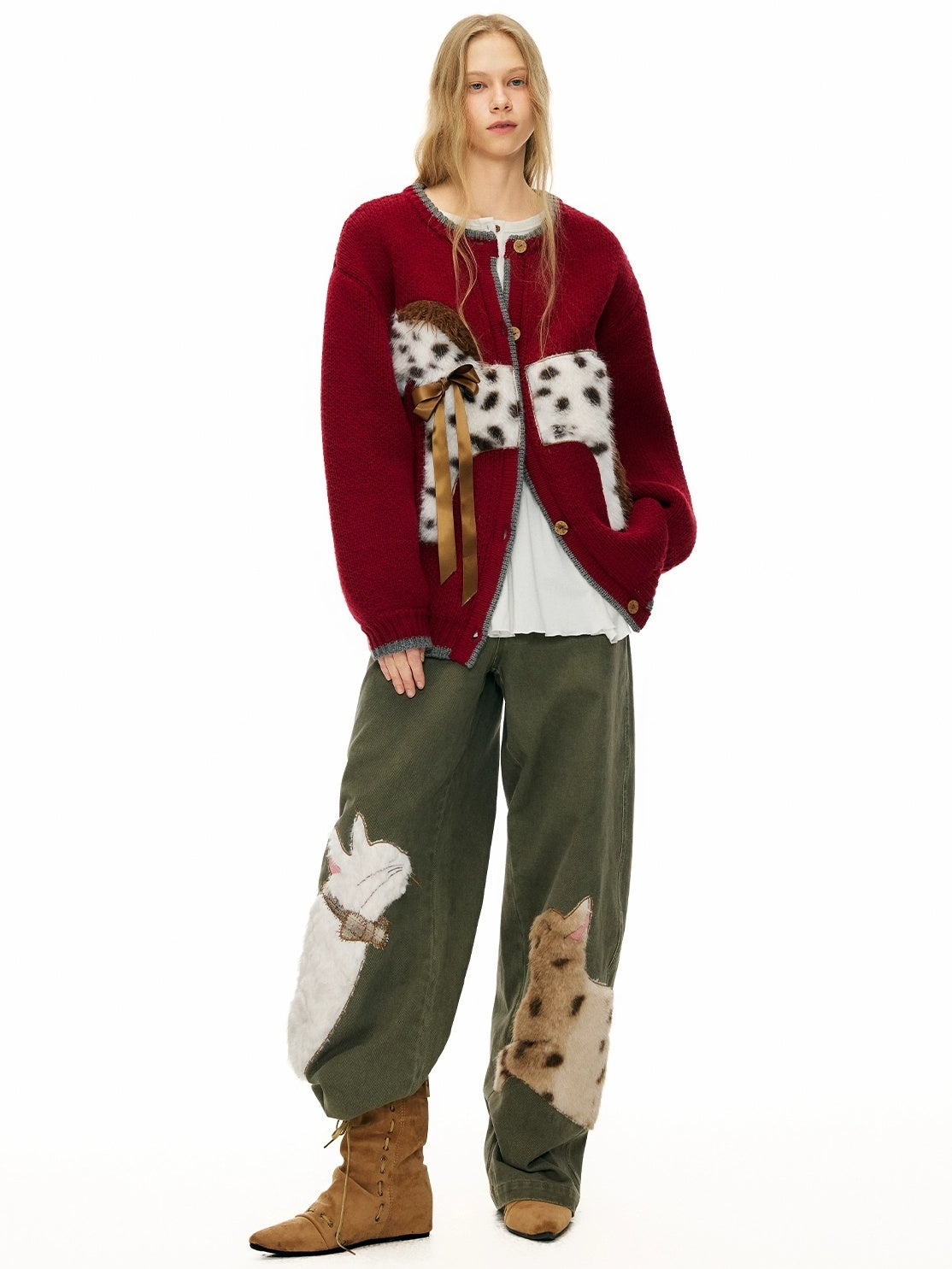 OuttheBlue Cozy Acrylic Wool Blend Office Cardigan Women Anime Print Burgundy Sweater