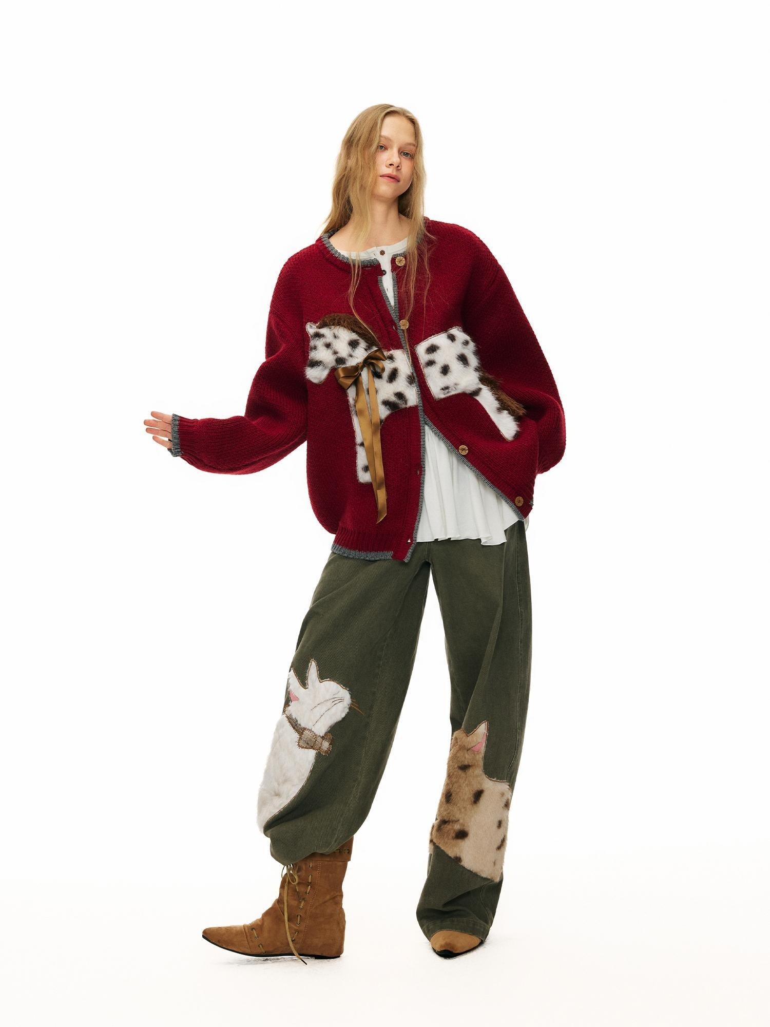 OuttheBlue Cozy Acrylic Wool Blend Office Cardigan Women Anime Print Burgundy Sweater