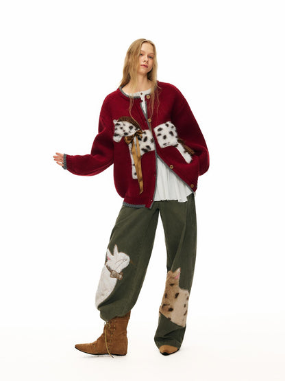 OuttheBlue Cozy Acrylic Wool Blend Office Cardigan Women Anime Print Burgundy Sweater