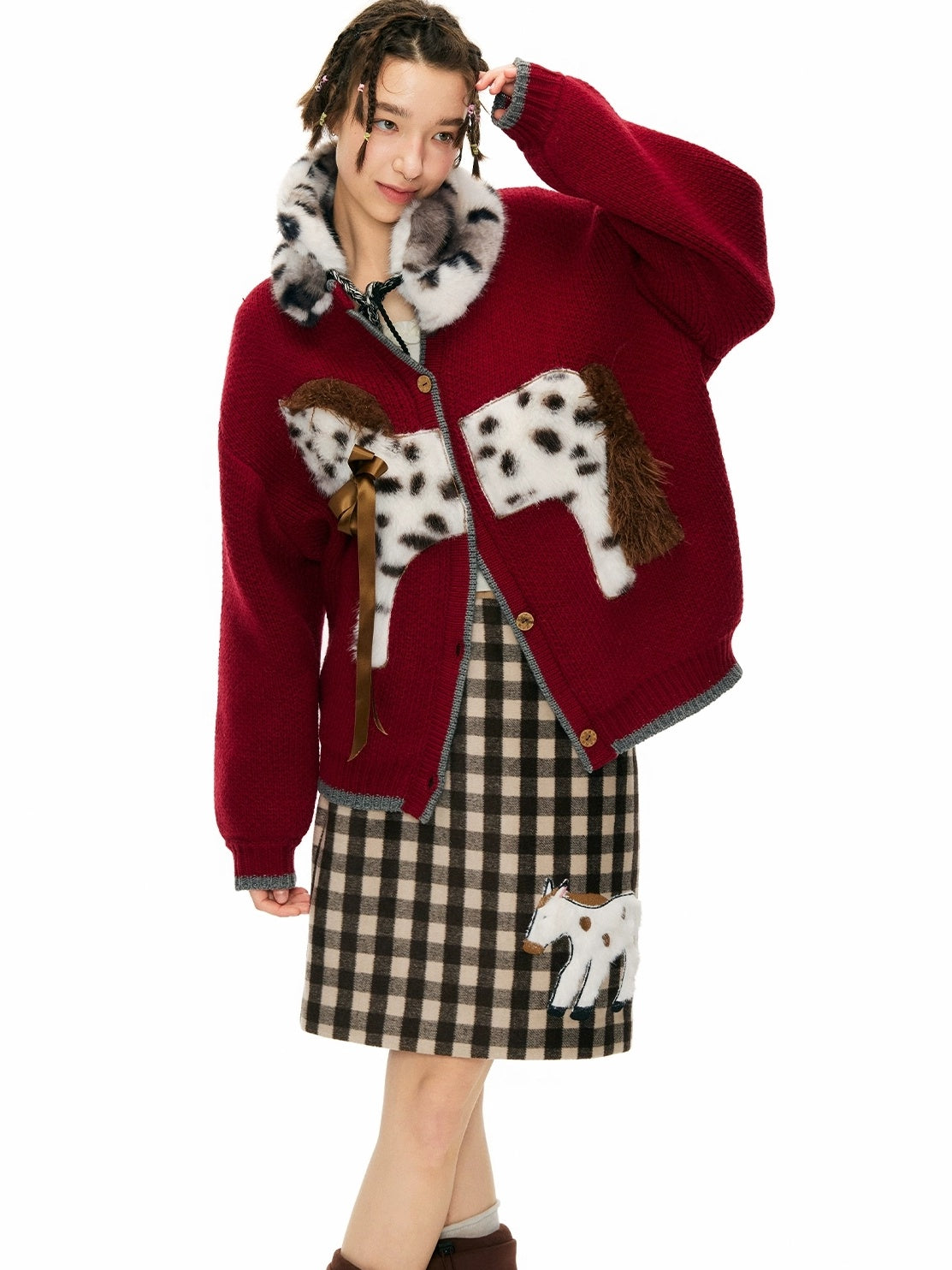 OuttheBlue Cozy Acrylic Wool Blend Office Cardigan Women Anime Print Burgundy Sweater